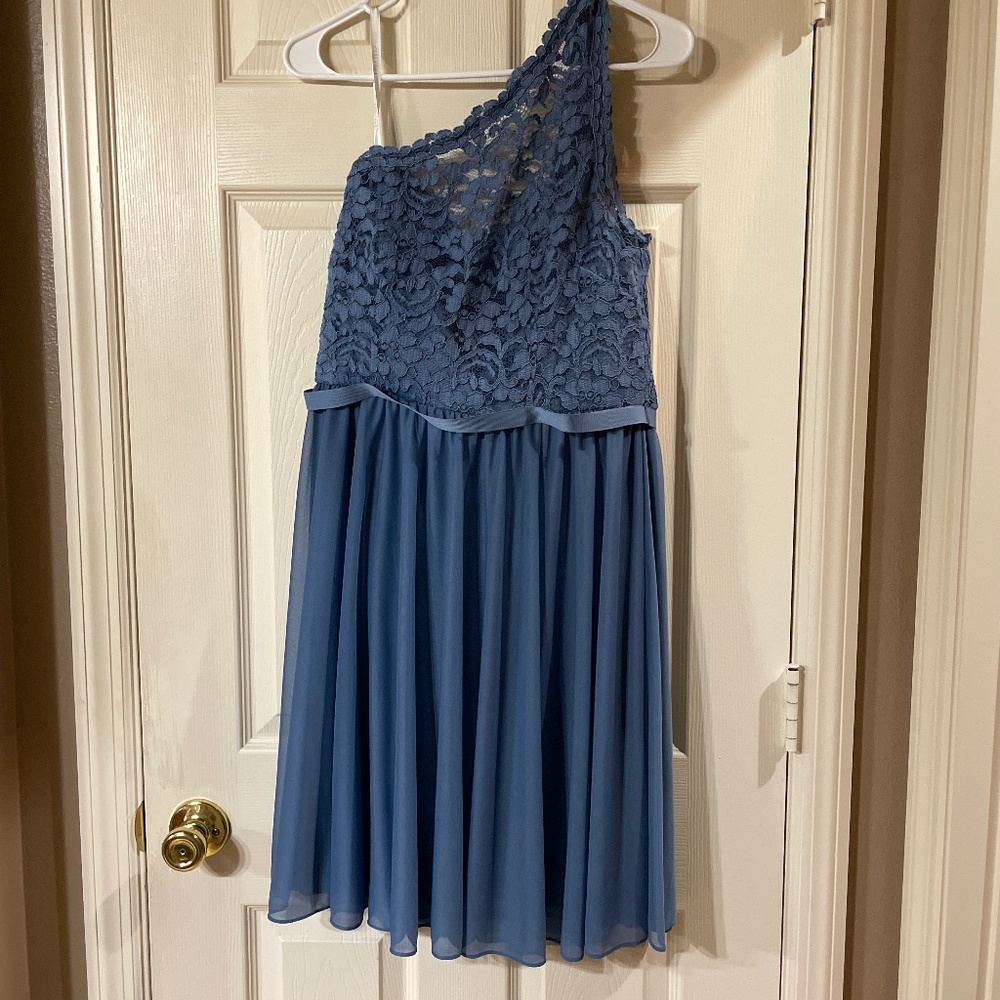 David's Bridal Lace One Shoulder Dress Women's 12 Steel Blue Knee Bridesmaid